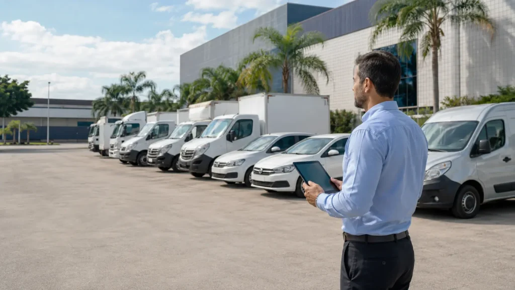 Gestor analisa veículos empresariais protegidos por seguro de frota. - Mar alto Corretora de Seguros