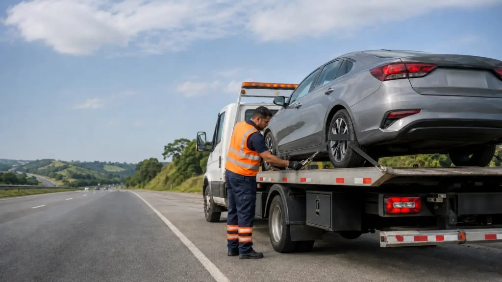 Profissional verifica veículo transportado em caminhão-plataforma com seguro para guincheiro. - Mar alto Corretora de Seguros